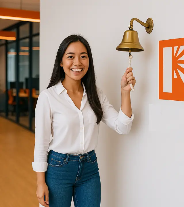 Woman ringing a brass bell beside a RiseSI wall mark